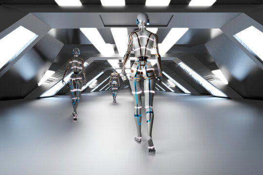 Three dimensional render of gynoids walking down futuristic corridor