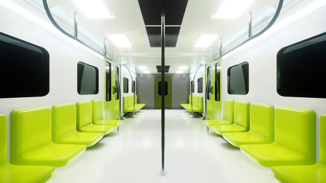 Three dimensional render of interior of white and green subway train