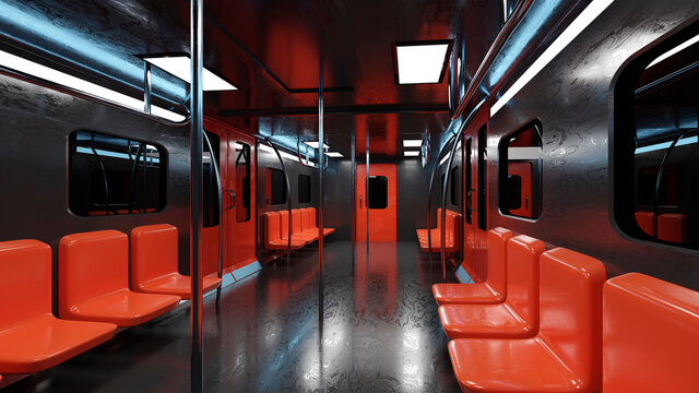 Three dimensional render of interior of black and red subway train