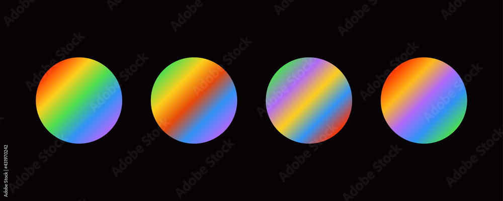 Poster set of circle shapes with colorful rainbow gradients isolated on black background. flat vector desig