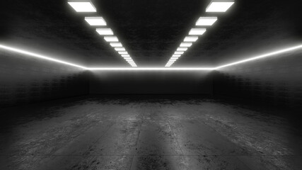 Three dimensional render of dark empty warehouse