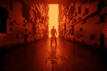 Three dimensional render of silhouette of man standing in front of rectangular portal glowing at end of futuristic corridor