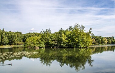 beautiful french countryside and trees reflecting in the lake