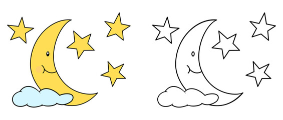 Moon with star and cloud. Color and outline vector illustrations on a white background. Coloring book page for children.