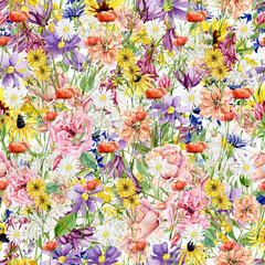 Obraz na płótnie Canvas Watercolor wild flowers seamless pattern. Meadow flowers and floral for textile fabric, wrapping paper, wallpaper decor, scrapbook paper.