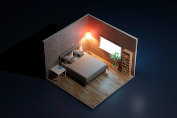 Three dimensional render of corner of furnished bedroom