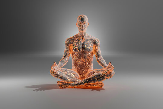 3D illustration of person channelling fire energy in classic meditation asana