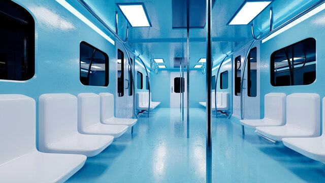 Three dimensional render of interior of white and blue subway train