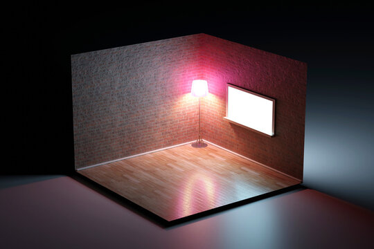 Three dimensional render of floor lamp standing in corner of empty room