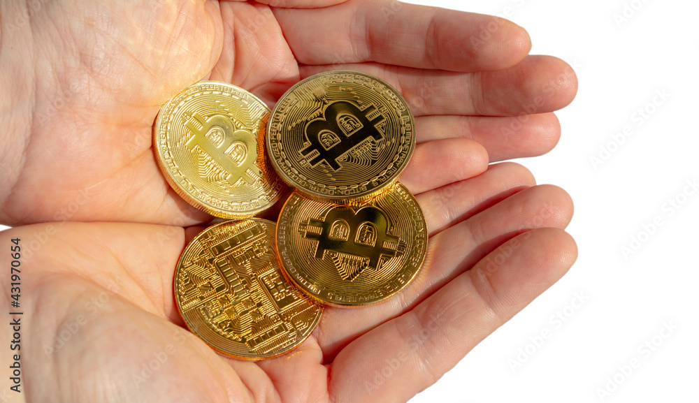 Poster bitcoins and new virtual money concept. gold bitcoins with candle stick graph chart and digital back