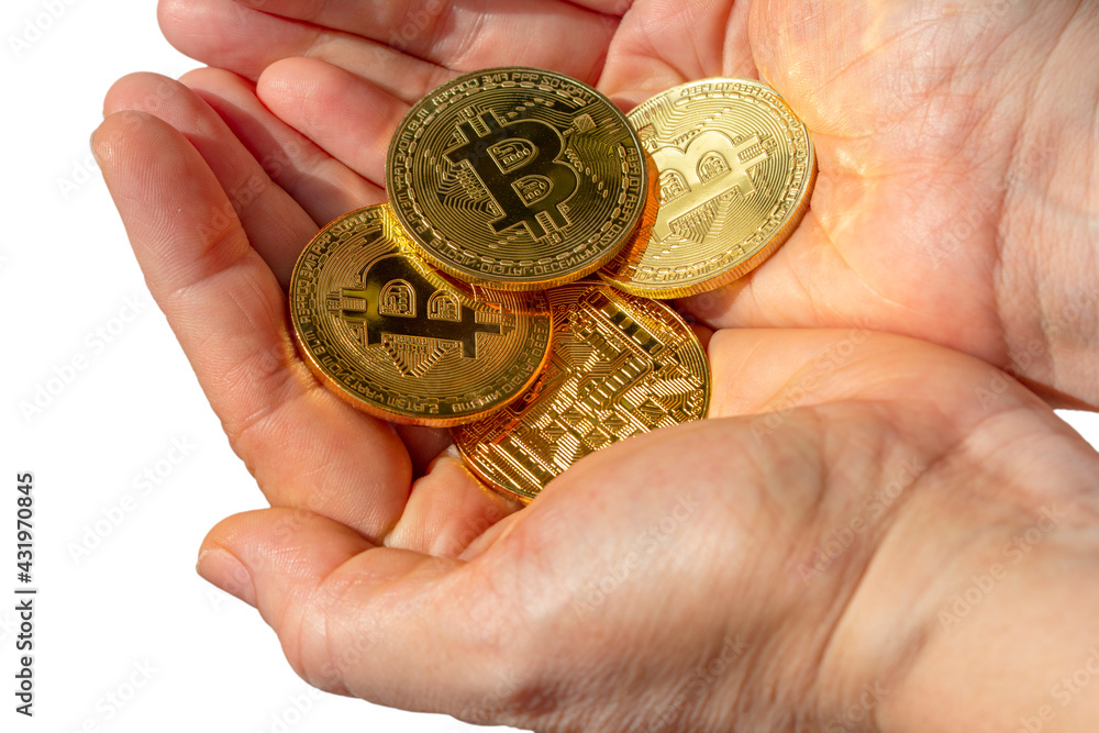 Poster bitcoins and new virtual money concept. gold bitcoins with candle stick graph chart and digital back