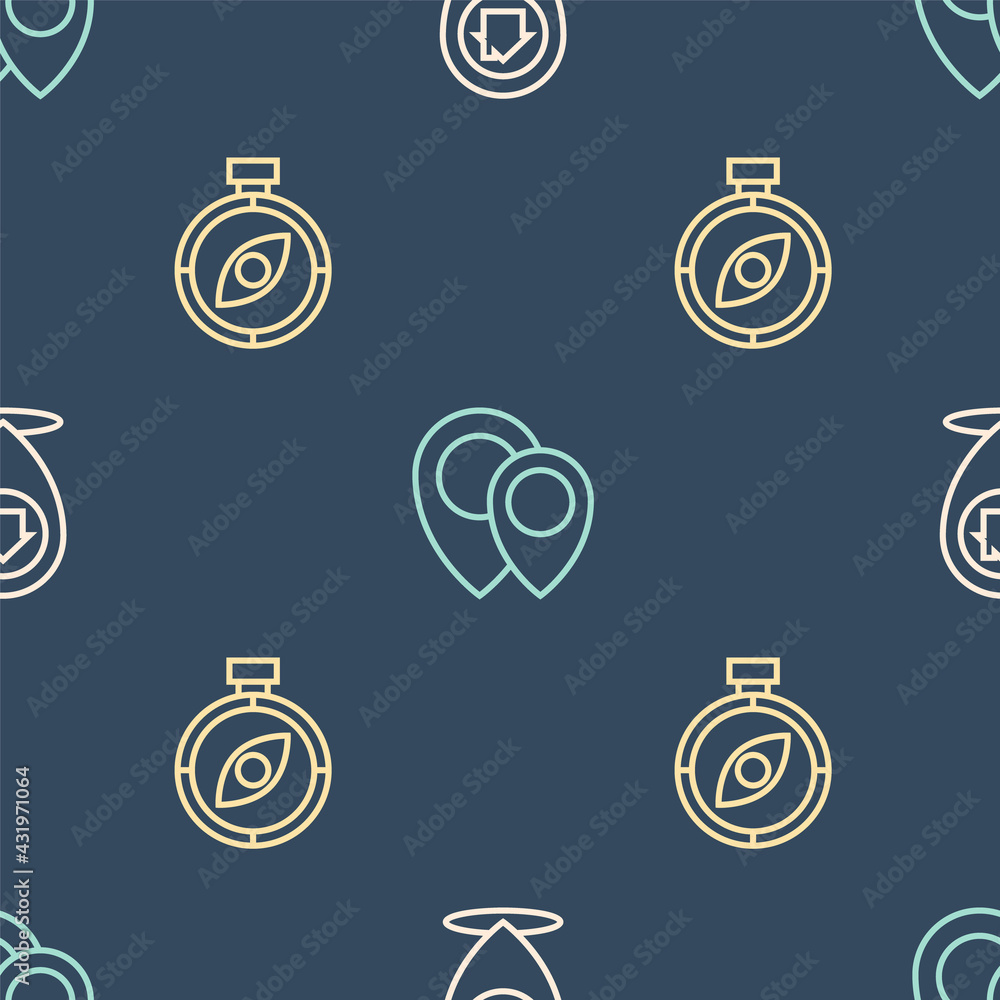 Poster set line location with house, compass and on seamless pattern. vector