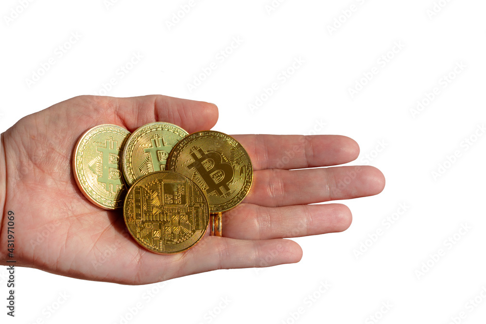 Poster bitcoins and new virtual money concept. gold bitcoins with candle stick graph chart and digital back
