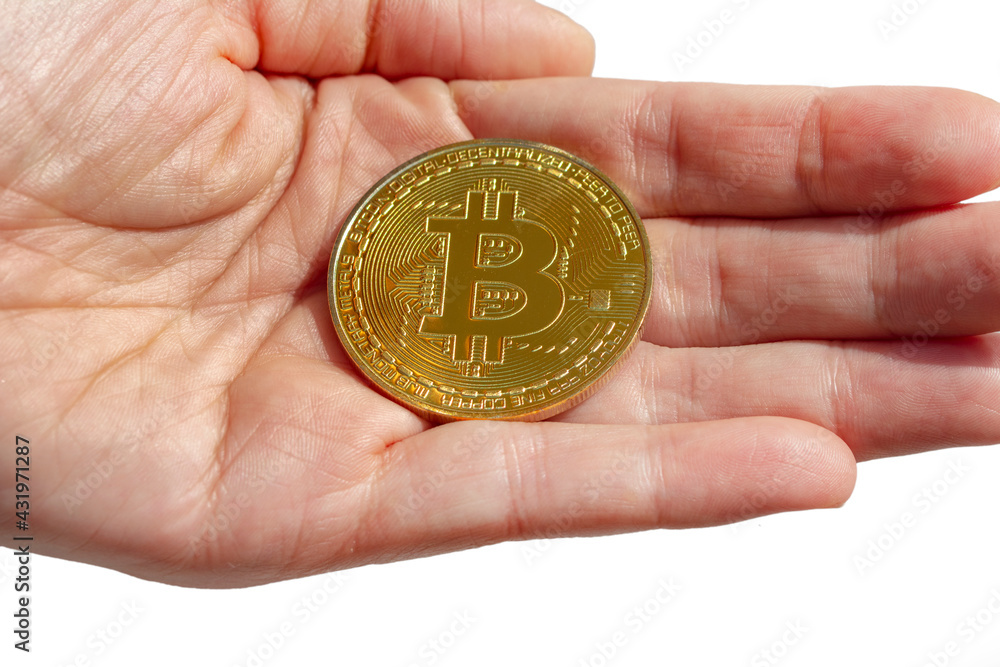 Poster bitcoins and new virtual money concept. gold bitcoins with candle stick graph chart and digital back