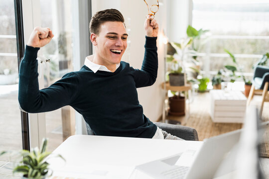 Cheerful male professional with laptop sitting at table in home office