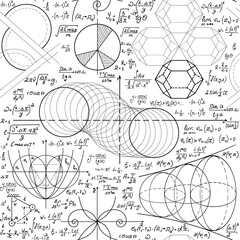 Math vector seamless pattern with algebraic and physical formulas and calculations, technical drawing figures and plots
