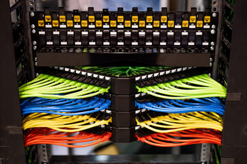 Multi-colored rows of network cables are connected to the system