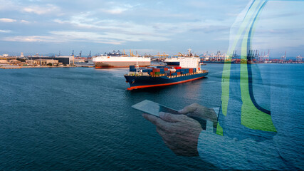 Double exposure foreman holding tablet and container ship carrying container in import export...
