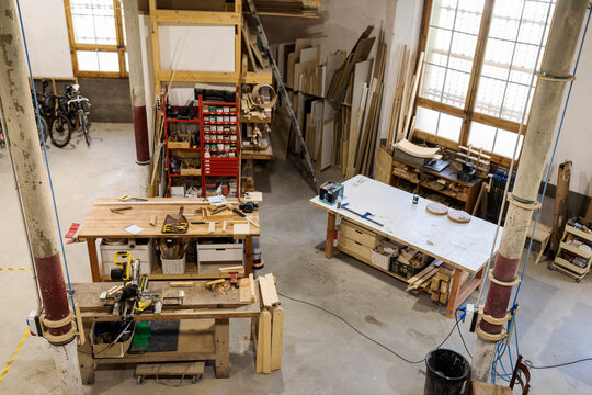 Equipment and workbenches at workshop