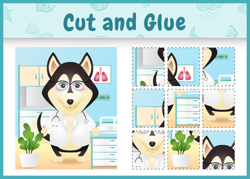 Children board game cut and glue with a cute husky dog doctor character illustration