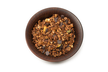Chocolate granola cereal with nuts in a bowl background.