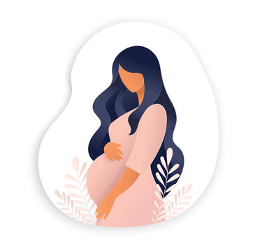 Side view of pregnant woman, pregnancy concept in trendy paper cut craft graphic style. Modern abstract design of motherhood poster, banner. Vector illustration isolated on white background.