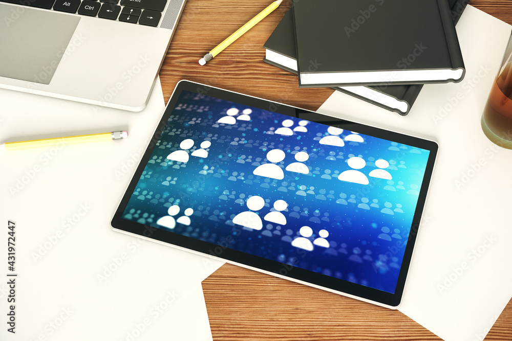 Aufkleber modern digital tablet display with social network media concept. top view. 3d rendering