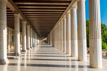 Columns perspective of Stoa of Attalos in Ancient Agora in Athens, Greece