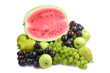 Watermelon, grape, apples pears isolated on a white background. Fruit mix.