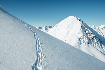 Chamois tracks on snow capped mountains against sky, Lechtal Alps, Tyrol, Austria