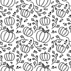 pumpkin line black and white doddle seamless pattern background