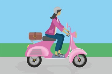 Fototapeta na wymiar Cool girl, woman on pink moped, motorcycle, scooter. Vector illustration. EPS10.
