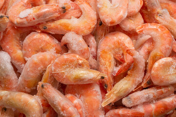 Fresh shrimps in ice. Top view.