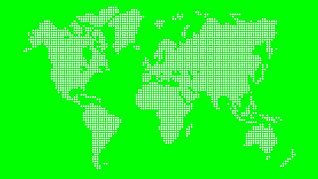 Animated white world map from point pattern. Vector illustration isolated on a green background.