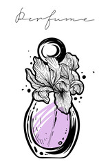 Perfume bottle with iris flowers,  hand drawn vector, color