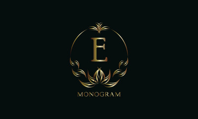 Vintage gorgeous royal monogram with letter E on a dark background. Exquisite gold floral logo for business, restaurant, boutique, cafe, hotel, etc.