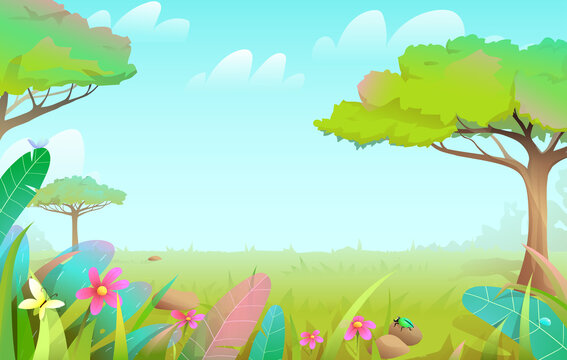 Savanna Wild nature fairy tale forest with trees and grass lawn, summer tropical empty background for children. Summertime blue sky and green grass vector background.
