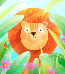 Cute baby Lion in savannah sitting in grass leaves with flowers and blue sky. Colorful wildlife illustration for kids nursery room print or greeting card design. Vector cartoon in watercolor style.