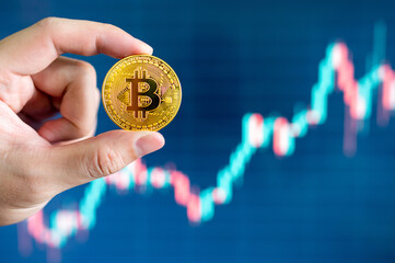 Investor hand holding gold Bitcoin with blurred candlestick chart in the background. BTC known as digital gold asset in cryptocurrency world.