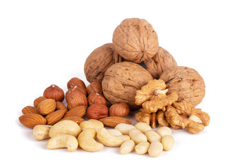 Mix of nuts close up isolated on white background