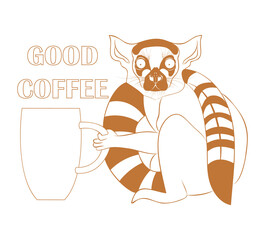 A ring-tailed lemur with large frightened eyes holds a chaka with coffee in his hand. The inscription 