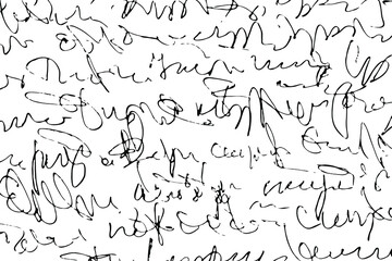 Fototapeta na wymiar Grunge texture of an unreadable imitation of a handwritten letter. Monochrome background of careless illegible handwriting. Overlay template. Vector illustration