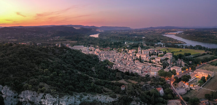 France, Ardeche, Aerial view of medieval town at dusk 