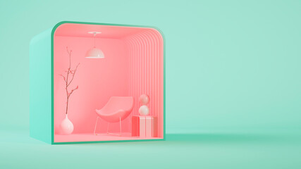 Three dimensional render of pink colored living room cubicle