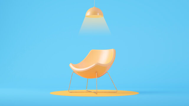 Three dimensional render of light fixture glowing over empty armchair