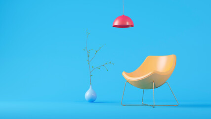 Three dimensional render of red light fixture, yellow empty armchair and plant potted in blue vase