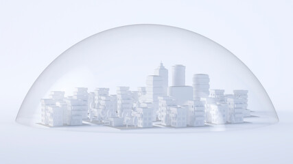 White three dimensional render of glass dome covering diorama of city downtown