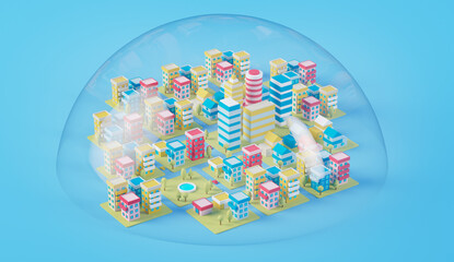 Three dimensional render of glass dome covering diorama of colorful city