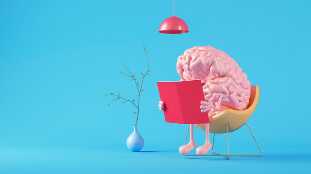 Three dimensional render of human brain reading book