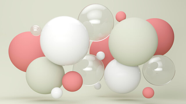 Three dimensional render of pastel colored bubbles floating against green background
